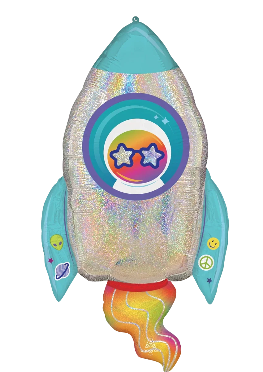 The Anagram/MD 29" Holographic SuperShape Outer Space Foil Balloon features a rocket shape with blue fins, a colorful flame, and playful stickers like a smiley face, alien, peace sign, and star-sunglass-wearing circle.