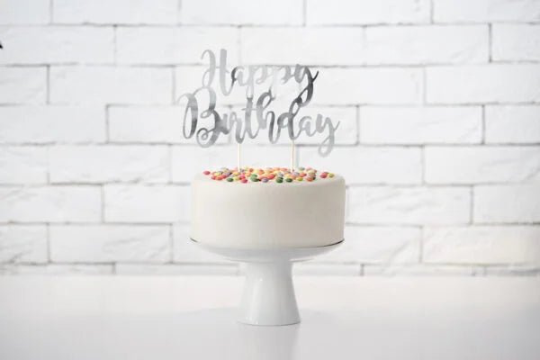 CAKE TOPPER HAPPY BIRTHDAY SILVER (22.5CM)