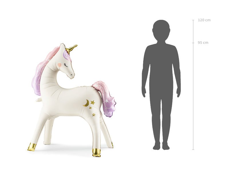 Standing foil unicorn balloon with golden horn and pastel mane for parties