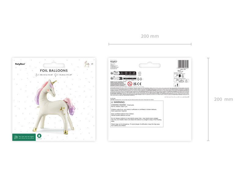 Standing foil unicorn balloon with golden horn and pastel mane for parties
