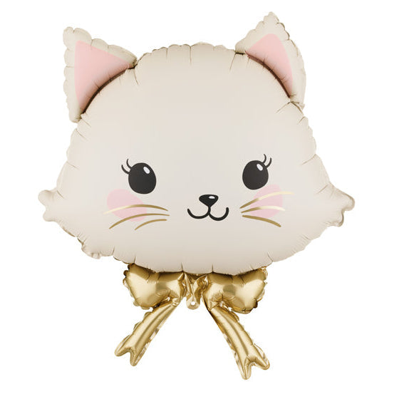 Cream Cat with Golden Bow Foil Balloon 24 in. - PartyDeco USA