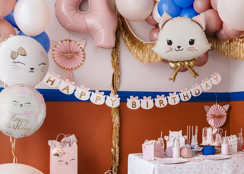 Cream Cat with Golden Bow Foil Balloon 24 in. - PartyDeco USA