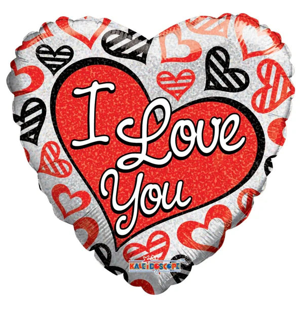 I Love You Red & Black Hearts Holographic 18"