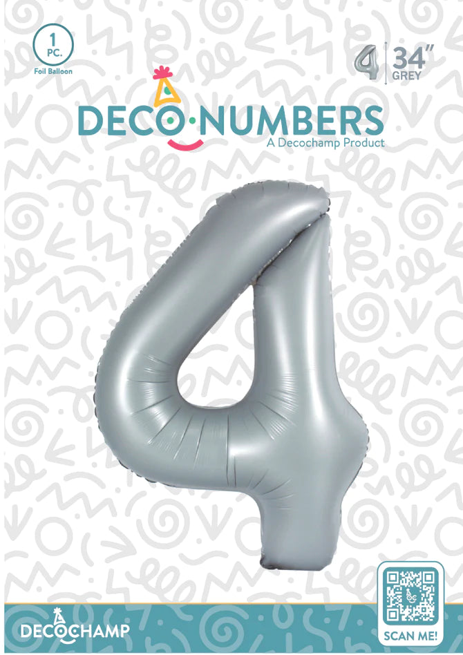 Number 4 Grey Foil Balloon 34" (Single Pack) DECONUMBER