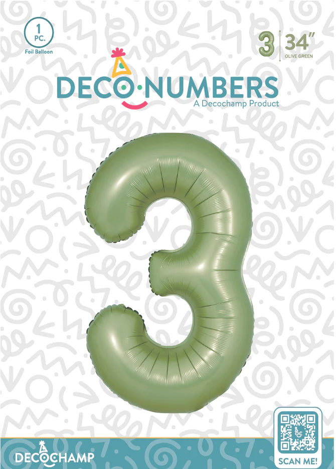 Number 3 Olive Green Foil Balloon 34" (Single Pack) DECONUMBER