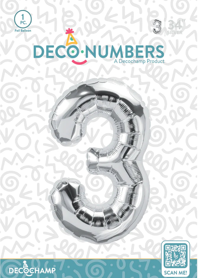 Number 3 Silver Foil Balloon 34" (Single Pack) DECONUMBER