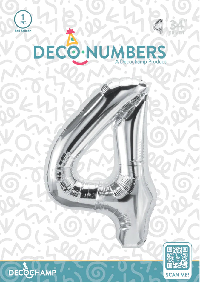 Number 4 Silver Foil Balloon 34" (Single Pack) DECONUMBER