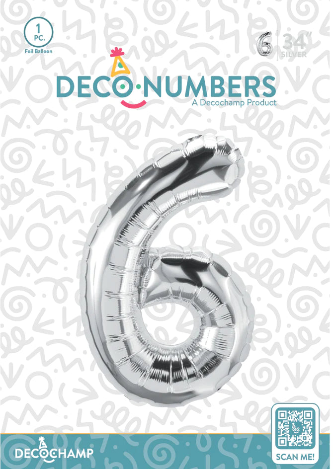 Number 6 Silver Foil Balloon 34" (Single Pack) DECONUMBER