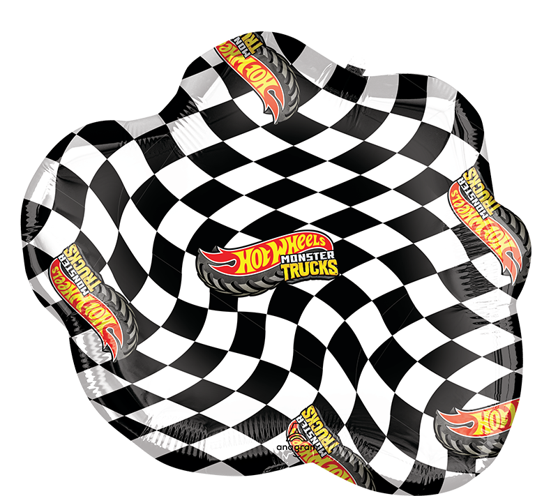 The Anagram/MD 23" SuperShape Hot Wheels Monster Trucks Foil Balloon features a black-and-white checkered design with the Hot Wheels Monster Trucks logo and tire graphics printed multiple times.