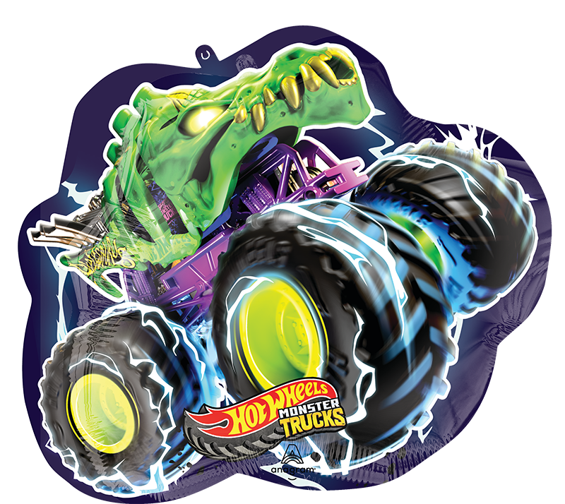 Vibrant 23" SuperShape Hot Wheels Monster Trucks Foil Balloon by Anagram/MD, featuring a monster truck with glowing wheels and a green crocodile-shaped body, plus the Hot Wheels Monster Trucks logo at the bottom.