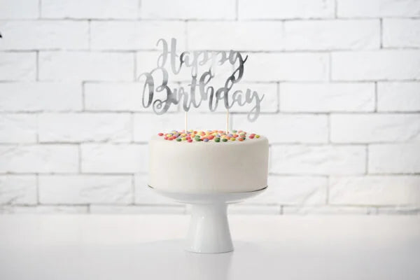 CAKE TOPPER HAPPY BIRTHDAY SILVER (22.5CM)