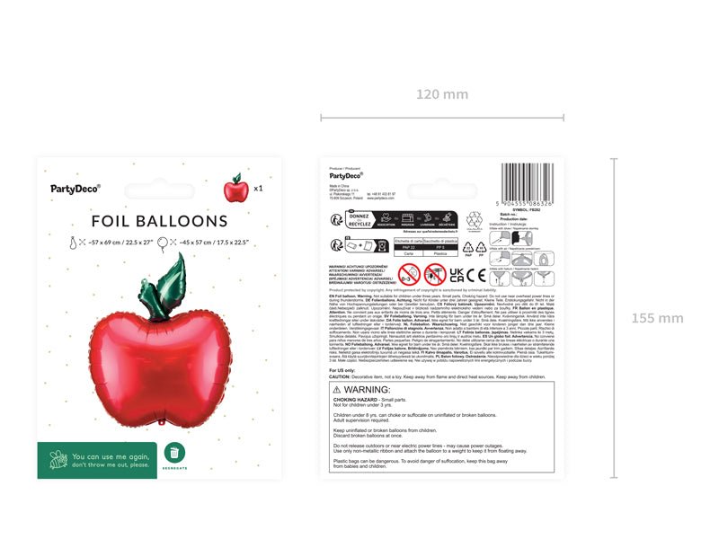 Apple-shaped foil balloon in red with green leaf – party decoration