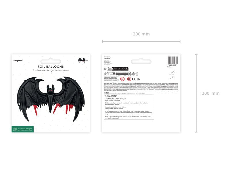 Black foil bat balloon with red details for Halloween party decoration