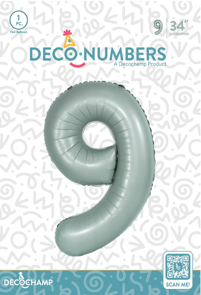 Number 9 Eucalyptus Foil Balloon 34" (Single Pack) DECONUMBER