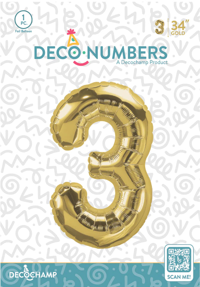 Number 3 Gold Foil Balloon 34" (Single Pack) DECONUMBER