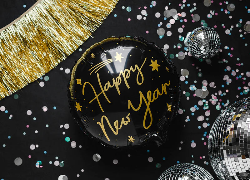 Happy New Year Black Round Foil Balloon 18 in