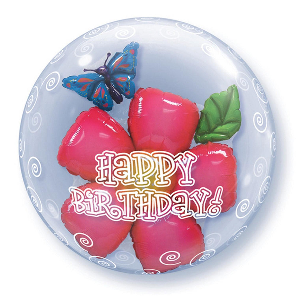 Double Bubble Leaves Butterfly And Flowers Happy Birthday Printed