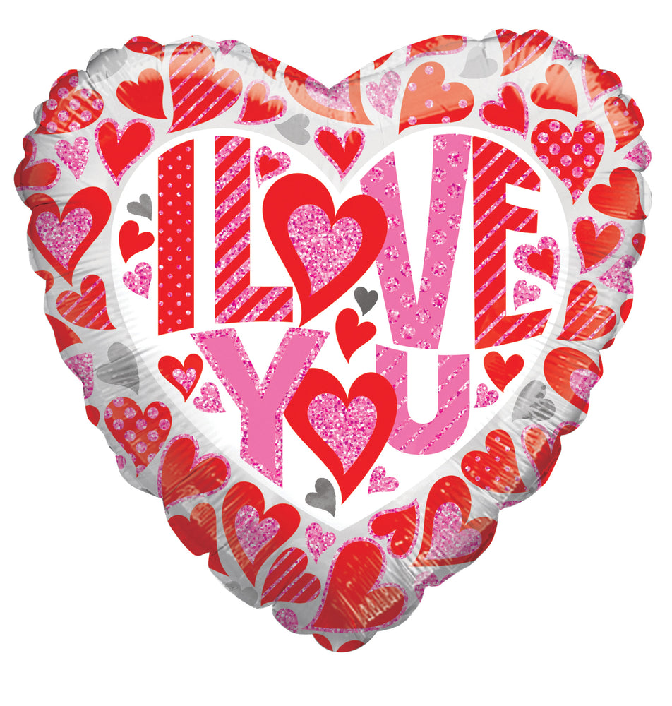 I Love You Glitter Hearts Holographic Foil Balloon 18" Single Pack