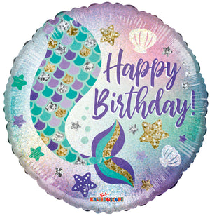 Birthday Mermaid Holographic Round Foil Balloon 18"