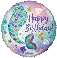 Birthday Mermaid Holographic Round Foil Balloon 18
